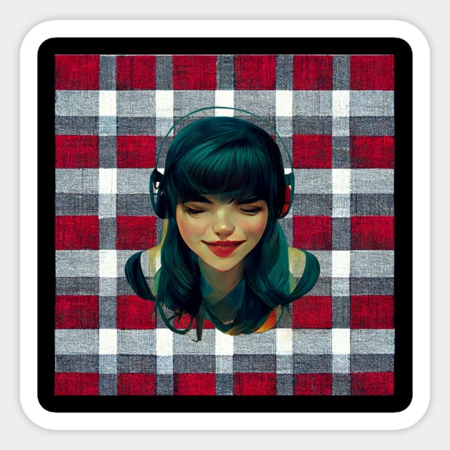 Girl listening to her music on headphones on a plaid background. Sticker by Liana Campbell